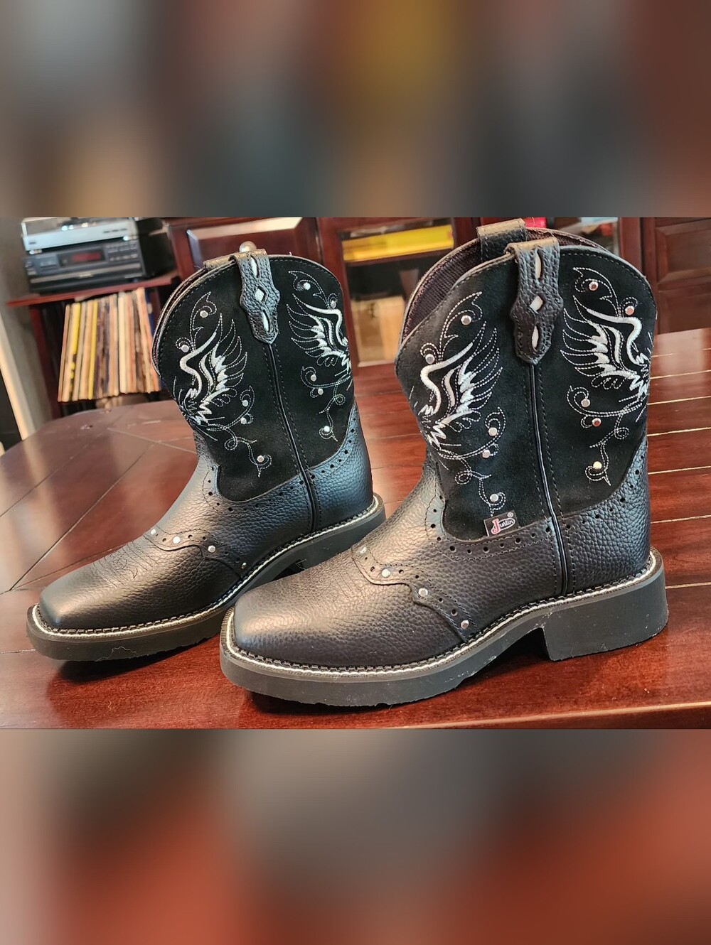 Justin Boots Black Leather & Suede Wing-Embroidered Heeled Cowboy Boots